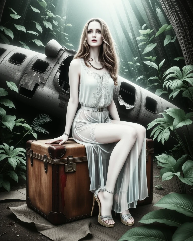 a surreal picture of a transparent beautiful ghost woman, detailed face, donning a worn and tattered 1970s outfit sitting on a rusty metal suitcase beside an aviation airplane ruin un a jungle, masterpiece hyper realistic illustration, Don Lawrence style