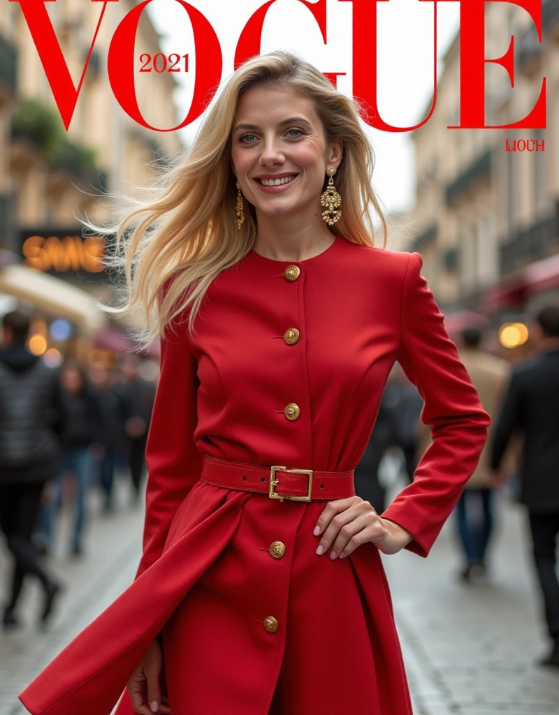 Magazine front cover " Vogue " written in middle Red decoration letters at the upon the screen   Front pose, standing pose,  right hand on hip, Front view, cowboy shot, Melanie Laurent,  long  hair, blonde hair, smile,  Chanel design earing, Red 1 peace Chanel design classic dress and Chanel leather red belt with gold buckle., background background street, in Jerusalem,  (super detail, high details, high quality, accurate, anatomically correct, textured skin, beautiful fingers super detail, high details, high quality, best quality)