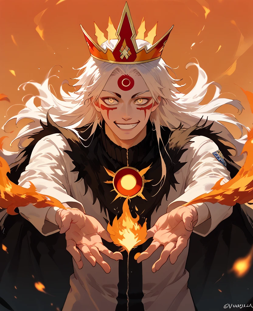 man, fire hair, white skin, red face paint, jentry chau, anime style, fire powers, yellow cat eyes, white hair, third cat eye on forehead, fire in hands, voluminous hair, orange twilight sky, smile, fire crown