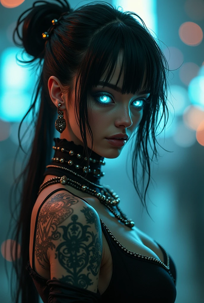Cyberpunk Warrior Woman, crimson lips, white skin, black hair, muscle body, (blue glowing shiny eyes), dynamic background, painting style, beautiful detailed intricate insanely detailed octane render trending on artstation, 8 k artistic photography, photorealistic concept art.