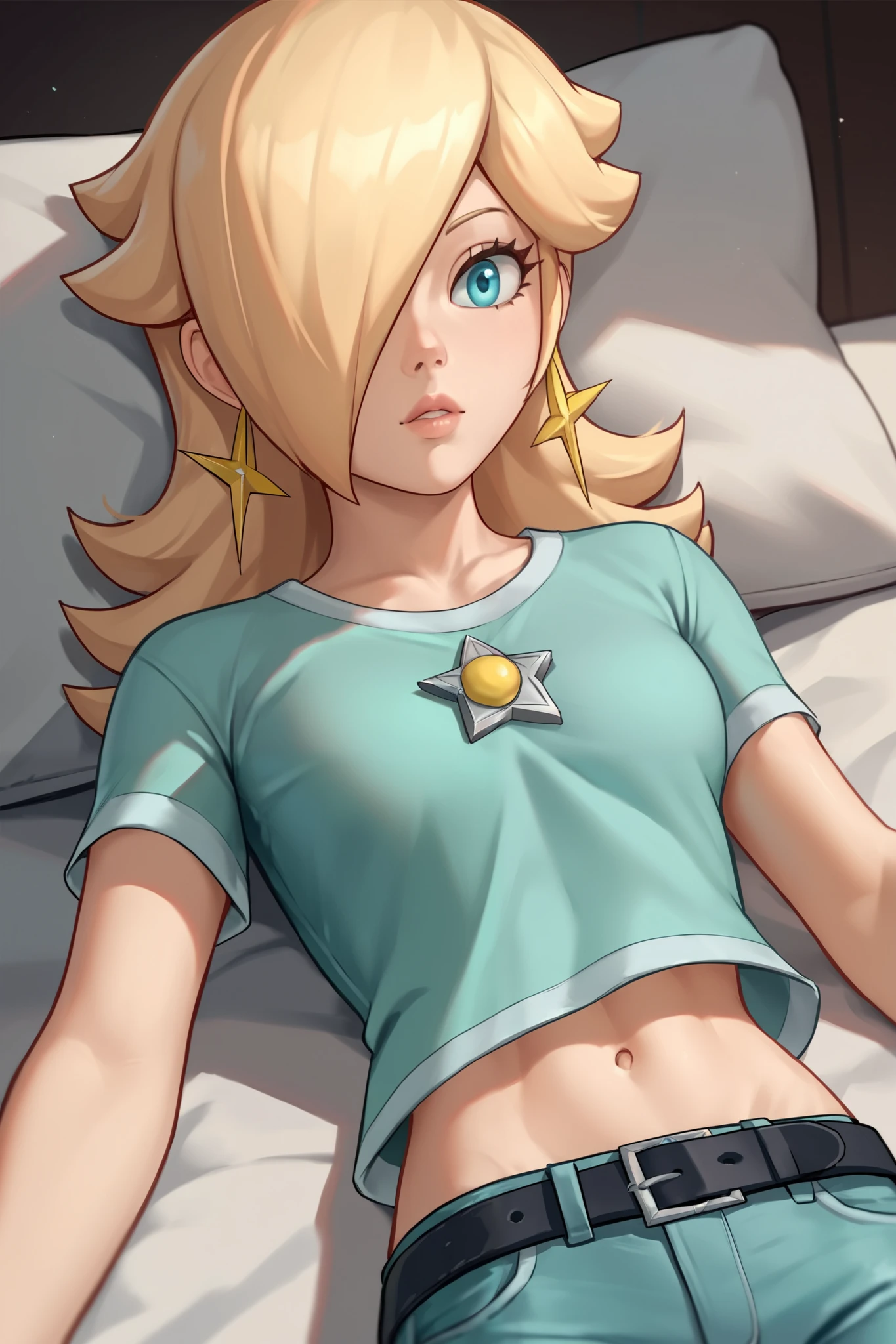 score_9, score_8_up, score_7_up, source_anime, rosalina, blonde hair, blue eyes, hair over one eye, long hair, star earrings, solo, cowboy shot, black t-shirt, taut clothes, tight shirt, midriff, jeans, black belt, laying, on stomach