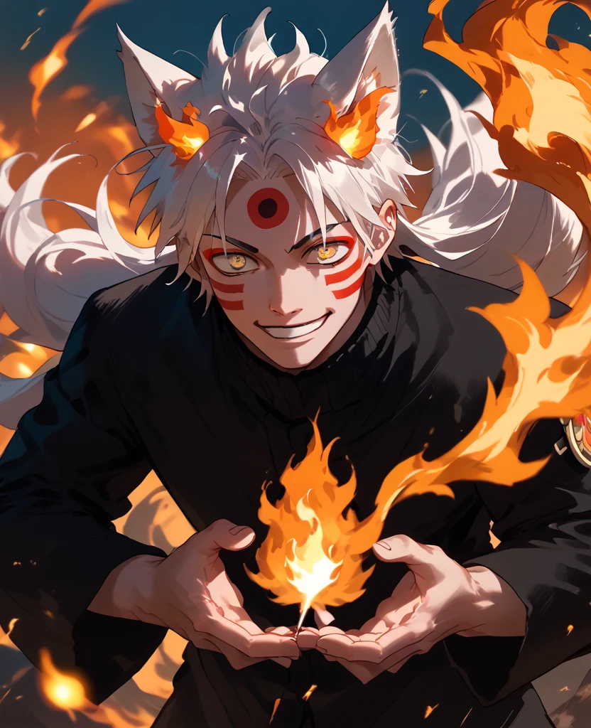 man, fire hair, white skin, red face paint, jentry chau, anime style, fire powers, yellow cat eyes, white hair, third cat eye on forehead, fire in hands, voluminous hair, orange twilight sky, smile, kitsune