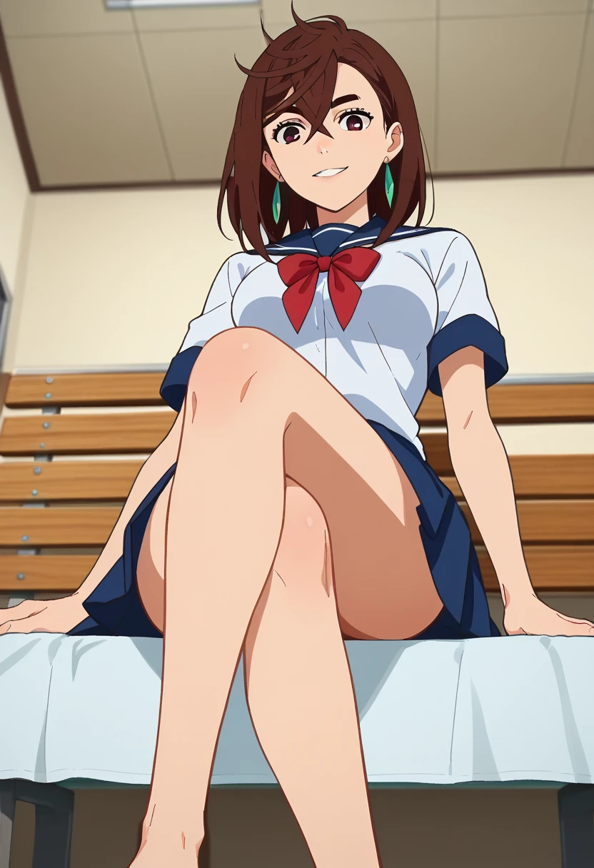 score_9, score_8_up, score_7_up, anime screencap, source_anime, 1girl, solo,
KJOmomo, brown hair, brown eyes, medium hair, thick eyebrows, earrings, hair between eyes,  
school uniform, black miniskirt, short sleeves,
Sitting, bench, crossed legs, sexy legs, smile, parted lips, looking at viewer, from below, 
bedroom, itting on bed,
(Beautiful, medium Breasts:1.2),