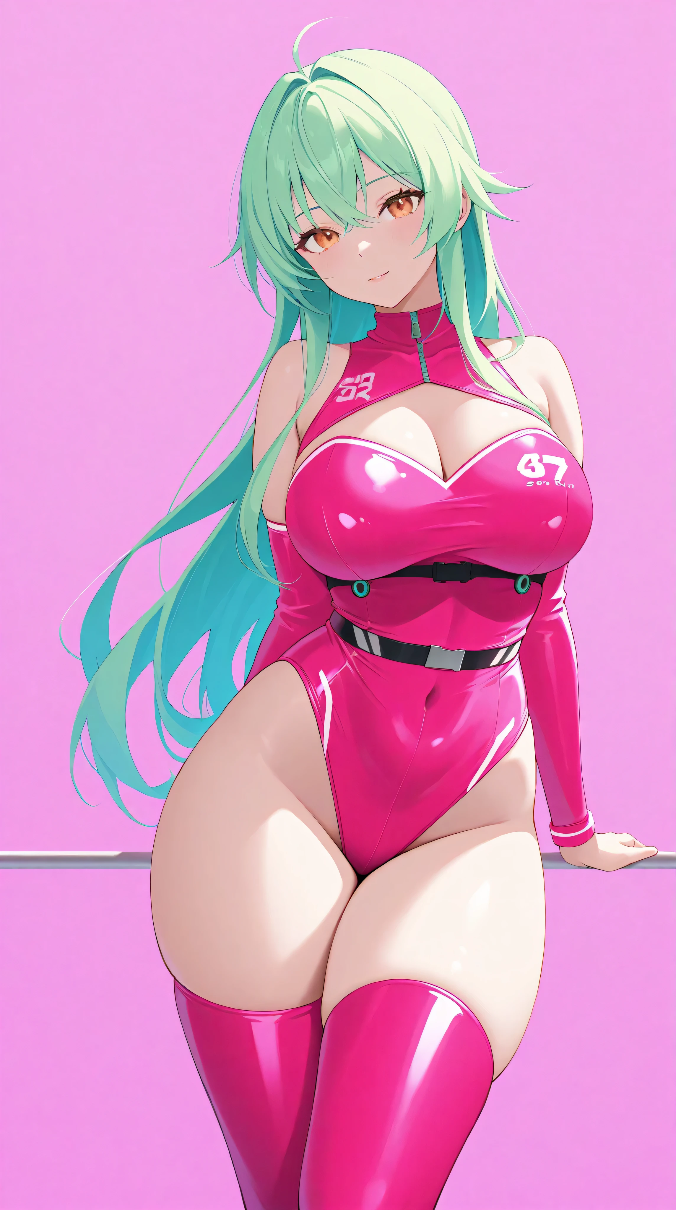 tight neon pink and orange clothes, short clothes, busty, slender, thigh highs, big breasts, cleavage, seductive, Best Quality, masterpiece, thick thighs, Alone, neon green hair, long flowing hair, no background, pink background,