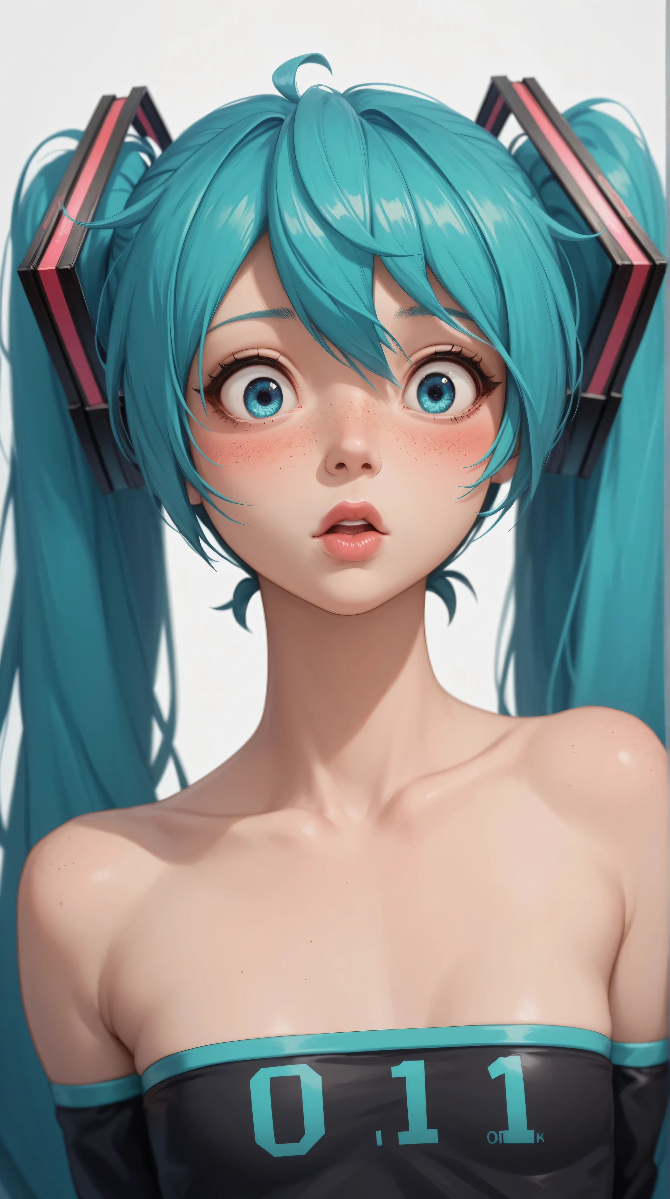 (masterpiece, highres, high resolution:1.2), anime 20 yo girl, hatsune miku from vocaloid, blue hair, blue eyes, portrait, shoulders up, illustration. drawn, blushing, solo, surprised, freckles, big lips, small breasts, perfect body, wearing a tube top, no hands.