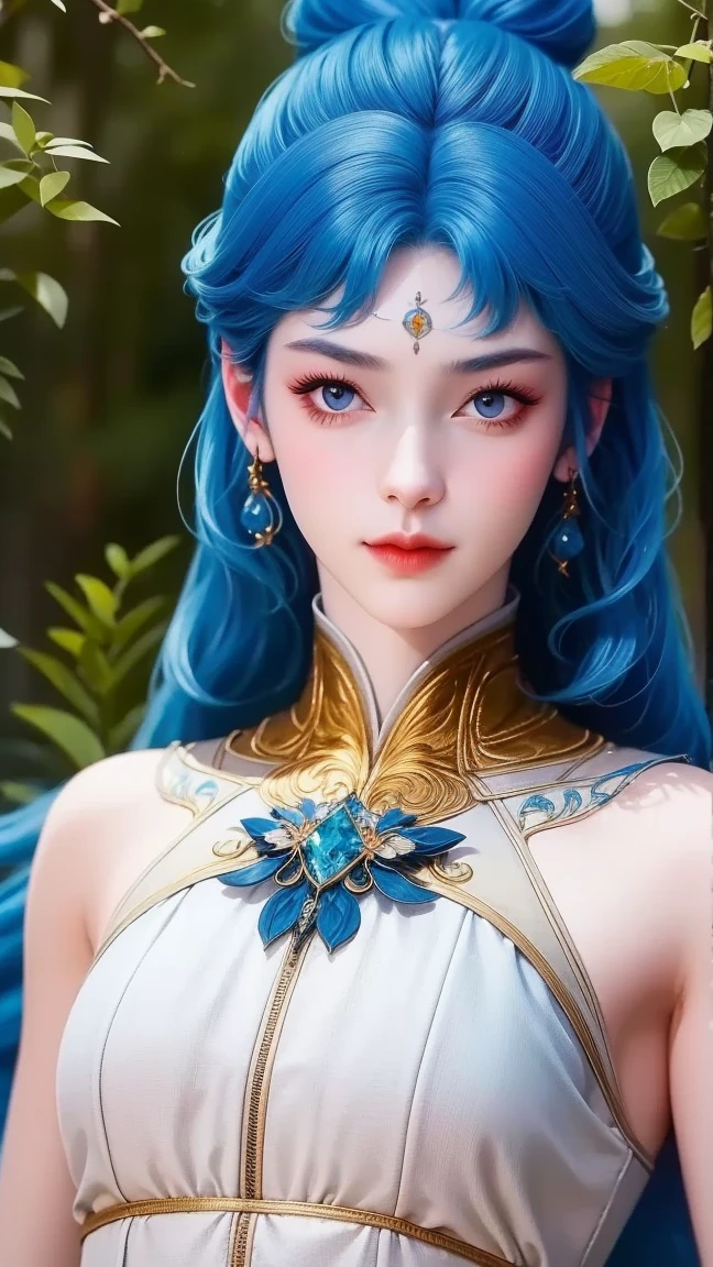 (masterpiece),(best quality:1.5),8k,absurdres,highres, Glowing skin:1.3, shiny skin, oil skin, 
Wang dong,
1girl,solo,jewelry,hair ornament,crystal earrings,earrings,long hair,(blue hair:1.5),forehead mark,crystal,crystal hair ornament,alpha transparency,see-through,hair bun,dress, white dress,facial mark,simple background,realistic,expressionless,single hair bun,closed mouth, (upper body), outdoor, garden, fingers_to_mouth,(looking at viwer:1.5), garden, closed mouth,