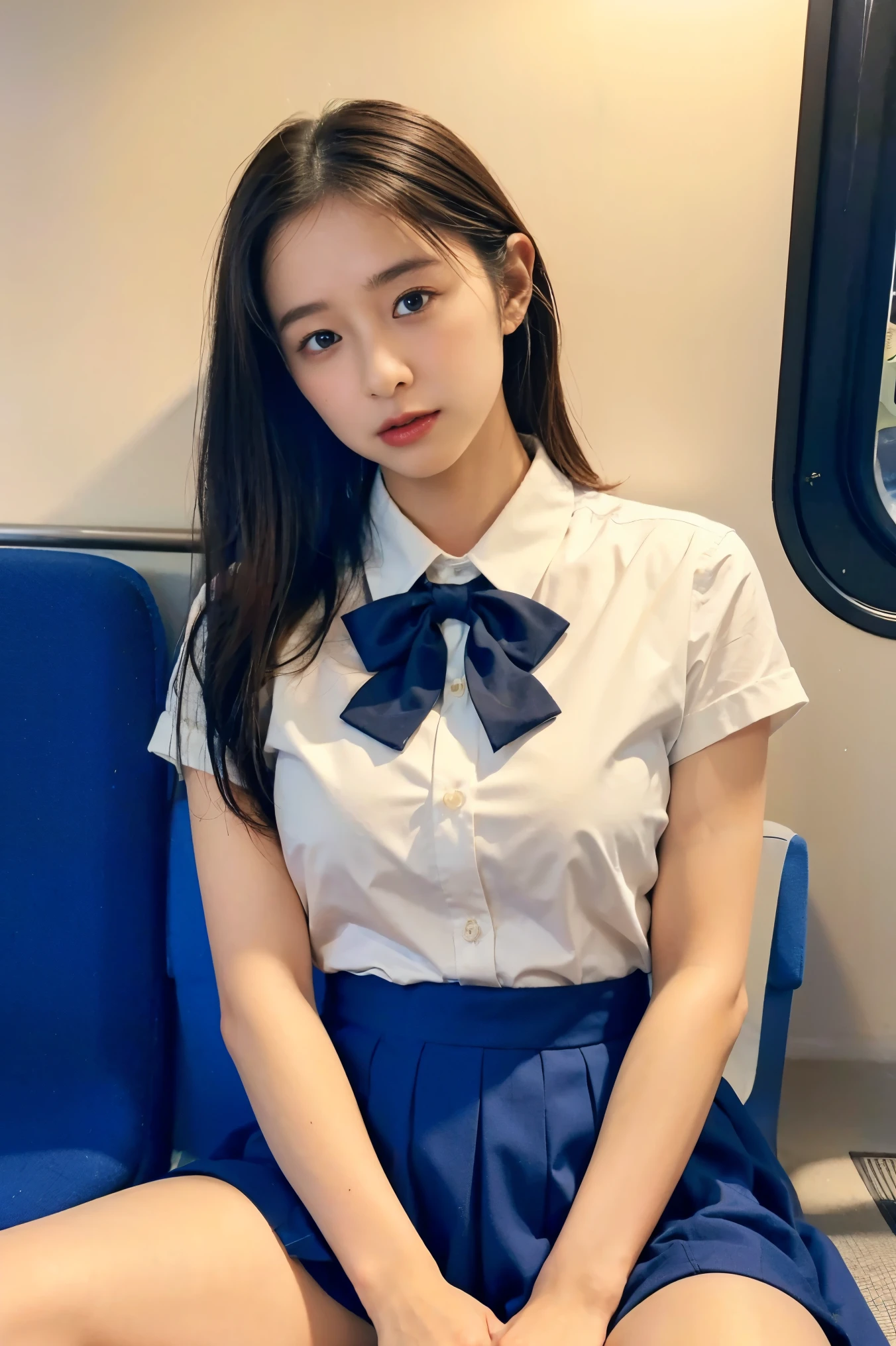 masterpiece, High resolution, Ultra High resolution, 4K, perfect hands,Black Hair, Japanese Girls, Navy blue Uniform skirt, White shirt, bow tie, Accentuate your thighs, White thighs, Soft thighs, Shiny thighs, Sitting on a train, Facing angle, Angle from below, Sitting on a train Seat, Sit in front, Zoom camera to hip joint, Put your feet on the train floor, whole body, Looking down and sleepy, Watch only viewers, Highest quality, Ultra High resolution, Realistic, High resolution, detailed, RAW Photos, sharp, Nikon Film Pictures, Images and Stock Photos, Rich lens color, Ultra-realistic and realistic texture, Dramatic lighting, Unreal Engine,