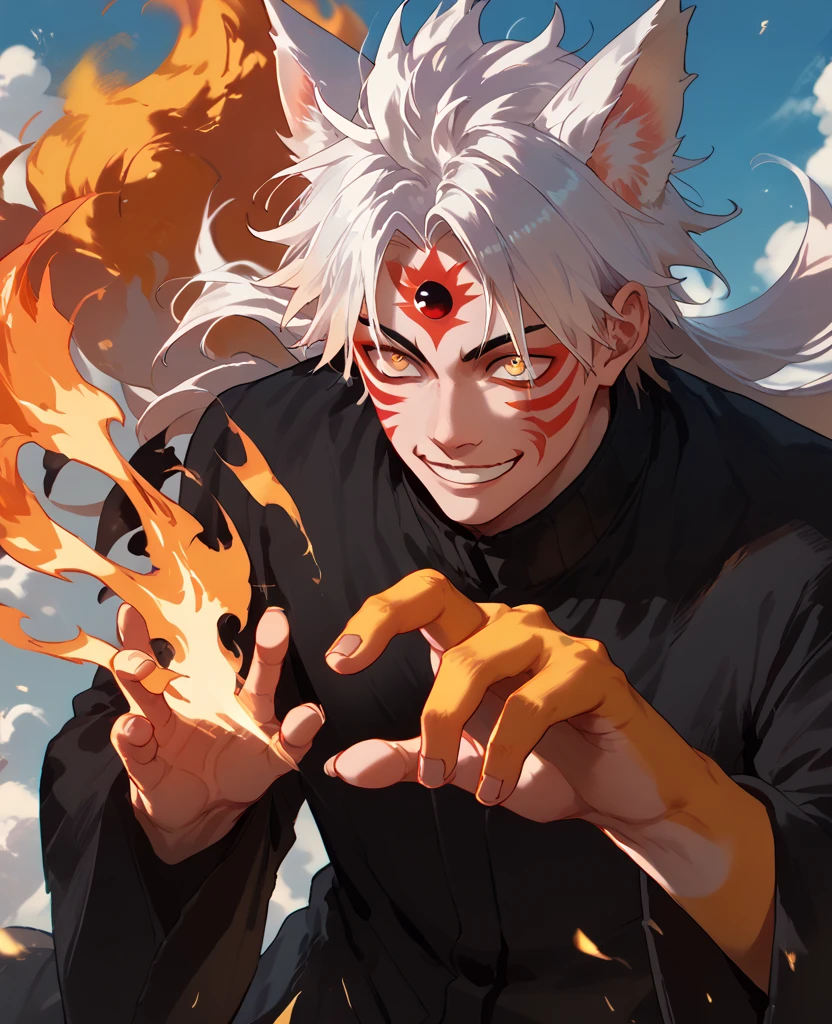 man, fire hair, white skin, red face paint, jentry chau, anime style, fire powers, yellow cat eyes, white hair, third cat eye on forehead, fire in hands, voluminous hair, orange twilight sky, smile, kitsune