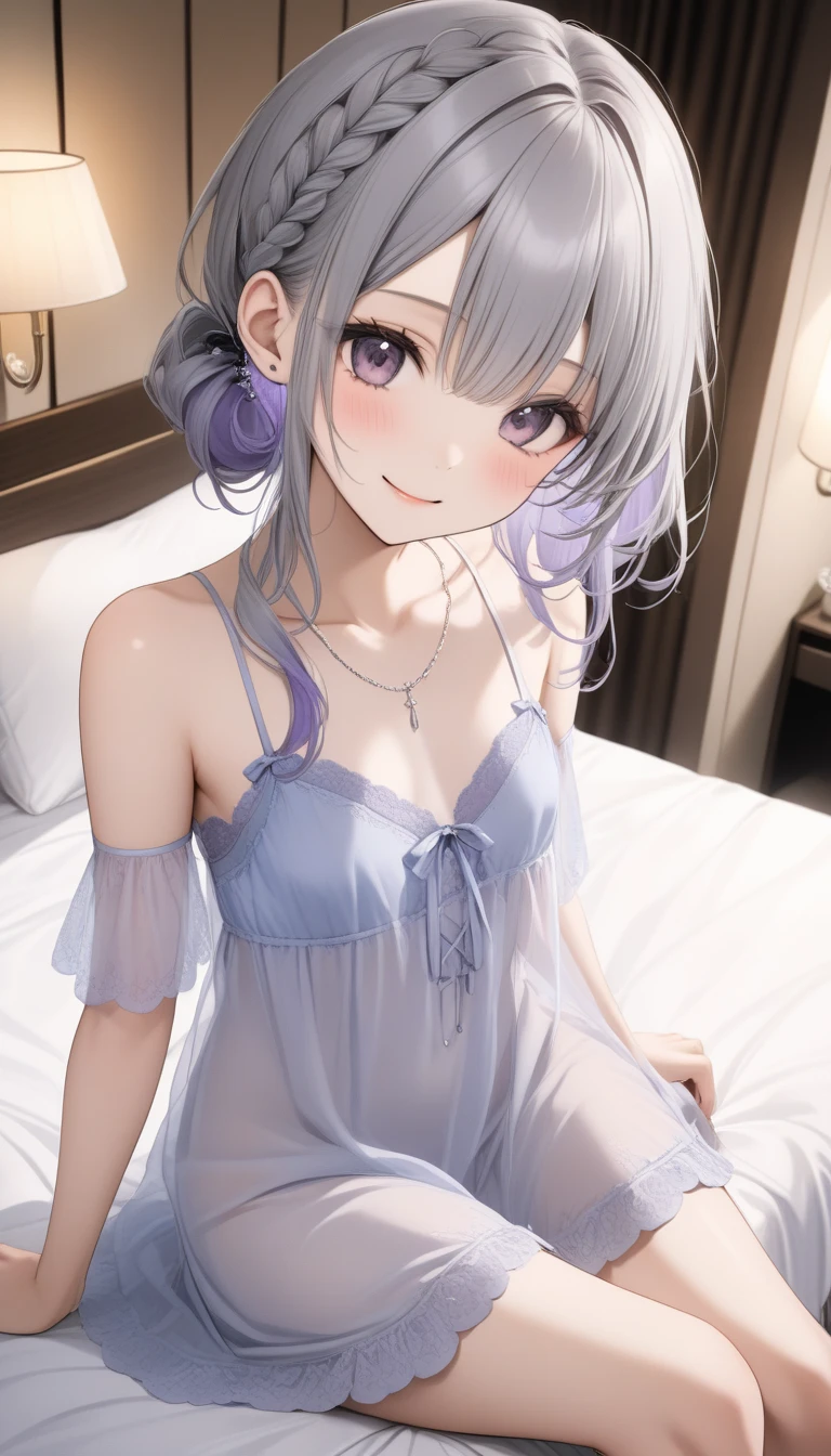 ((masterpiece)), ((best quality)), ((anime profile style)), ((HD 4k)), ((brown skin)), ((perfect anatomy)), ((older woman )), woman, ((female face)), Happy, ((smiling, open mouth)), ((light lilac eyes)), Eyelid, Sclera, Iris, eyebrow, eyelashes, fox ear, nose, ((hair giant lilac)), ((fringe)), ((hair details)), ((light effects on hair)), ((Babydoll Women's Sleepwear Pajamas with Straps With Shorts)), ((lights effect on clothes) ), ((body lights effect)), neck, Shoulders, ((big chest)), (thin waist), ((perfect tummy)), arms, ((thick legs)), ((big thigh)), ((background scenery)), ((in the bedroom)), ((bed, window, TV, wardrobe, chest of drawers, back)), ((lighting))