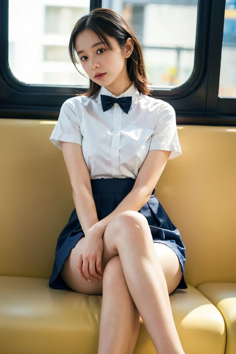 (highest quality,masterpiece:1.3,ultra high resolution),(Super detailed,caustics,8k),(photorealistic:1.4,RAW shooting),(front shot:1.1),(Backlight:1.3),(on the train:1.1),(Sit on the chaise longue:1.2),(at dusk:1.2),(illuminated by the setting sun that shines through the window:1.3),(Warm and soft light:1.3),18-year-old,(black short bob),(shy smile),(stare at the camera),School Sailor Uniform,(carrying a school bag on his lap),big boobs,cowboy shot,Natural light,
