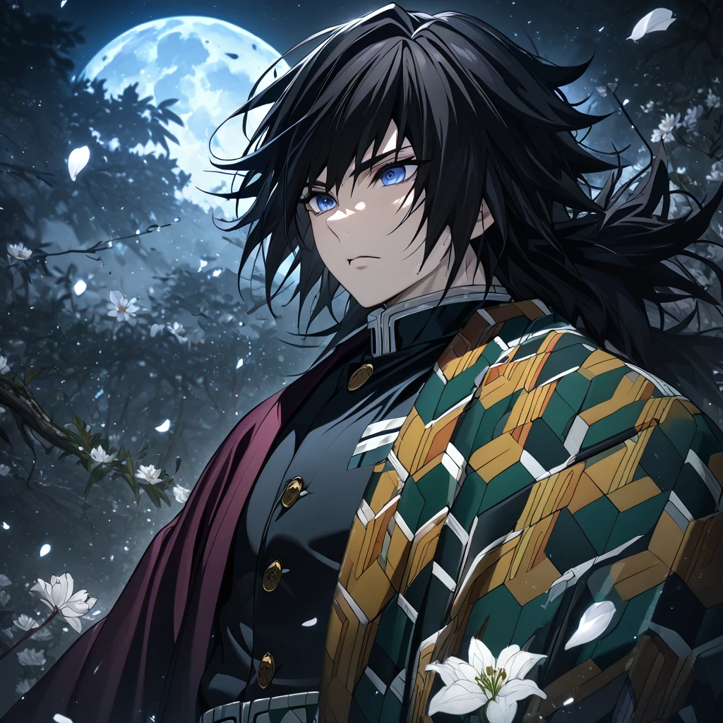 Very high resolution, high resolution, ultra-detailed, HDR, masterpiece, highest quality, Giyu Tomioka, untamed dark hair, expressive blue eyes, Demon Slayer's Blade, Demon Slayer uniform, petals, white lily, moon, fireflies