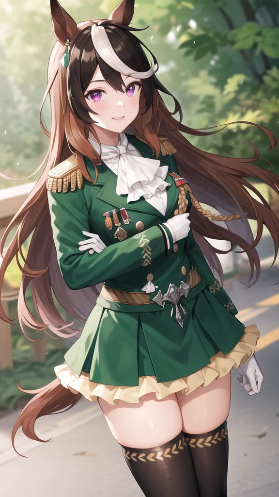 sHe has shoulder-length brown hair and green eyes. she wears a green military uniform with tall boots. SPARKLE; GLITTER