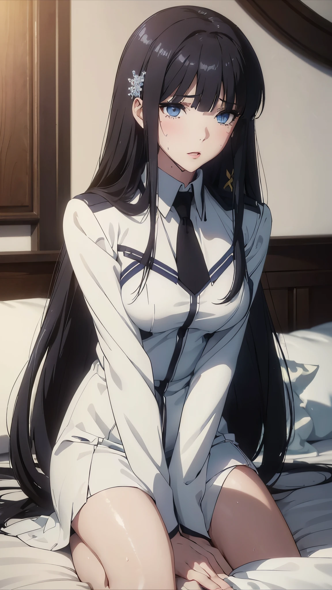 1 personの, Alone, masterpiece, top quality , Magical High School Underclassman, Miyuki Shiba, Shiba Miyuki, iris, blue eyes, tsurime, eyelash , black hair, long hair, hime cut, straight hair, blunt bangs, blunt end, side lock, Hair Ornament , snowflake Hair Ornament , high school uniform , dress, white dress, collared dress, jacket, green jacket, cropped jacket, open jacket, Long Sleeve , Big Breasts , (masterpiece: 1.3), (Maximum resolution: 1.2), (Ultra HD TV: 1.2), Cinematic Light, 8k resolution, Detailed Facial Features , ( Sharp Focus: 1.2), ( Focus on Faces :1.2), perfect style to support the penis, beautiful faces, Acura, anatomically correct, Highly Detailed Face and Skin Textures , beautiful eyes, beautiful eyes, thin eyebrows, natural blush, growing skin, white skin: 1.2, ( glossy lips : 1.4),、 ( embarrassing looks : 1.2), Highly Detailed Face and Skin Textures , natural blush, , glossy lips : 1.4, perfect style to support the penis、 clevis on a stone、 soft breasts、( large amount of sperm in the chest :4.6)(Sperm 1 .5)、 Sperm on tongue、Wet with sweat、 wet close 、A humiliating look 、 uneasy expression、 frightened expression 、 embarrassing looks 、Glare、anger、sorrow、tears、Open your knees、 feet 、 white underwear、Messy clothes、 sweaty 、Thin underwear、18 years old、 clear , Nicely Dressed ,1 person、 Upturned Breasts, black hair、 blue eyes、 beautiful eyes、 torn clothes 、Masturbating action 、 in bed、(On the back、 in bed lies down、 lies down、White sheets:1.7)、 looks away、Straight long hair