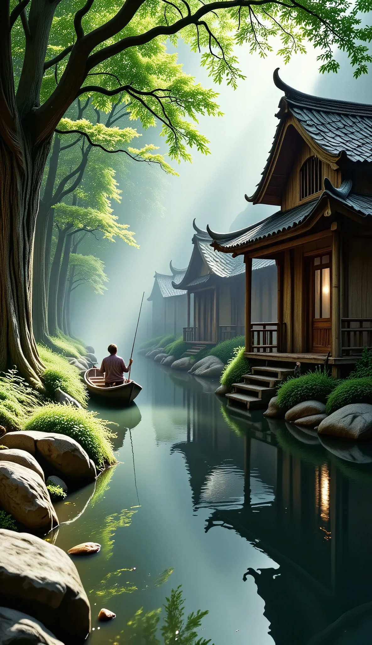  a lush bamboo forest ,  A quiet stream that runs through,  A rustic bamboo cabin ,  a fisherman in a small boat , ( better quality,4k,8K,highres, masterpiece:1.2),ultra-detallado,( realistic ,photo realistic ,photo- realistic :1.37), vibrant colors, natural lighting,Serene atmosphere, breathtaking scenery ,detailed foliage,reflections in the water, traditional Asian architecture , aged bamboo textures ,expert angler poses 