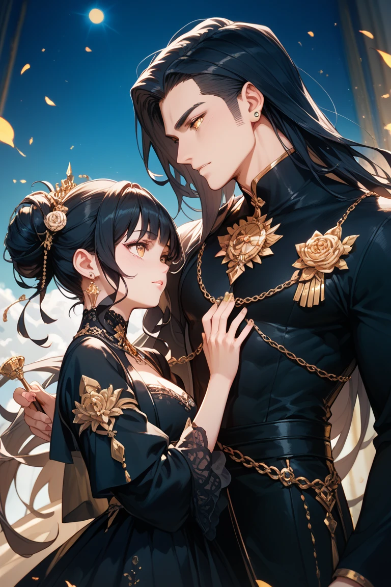 (Manga style) A couple. Theyre both god and goddess of death. She has long black hair and golden eyes. She wears a long black dress. He his taller than her, has black hair and eyes.