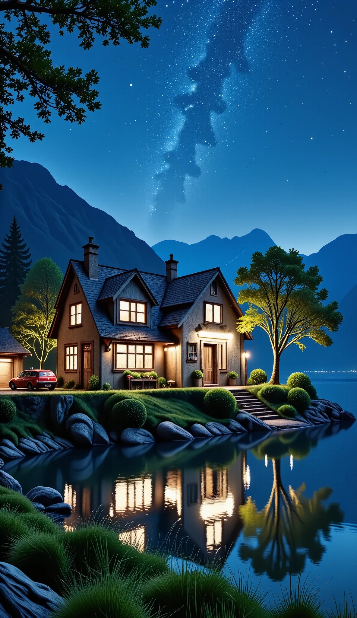  a scenic night landscape with a house, trees,  stars in the sky , Water, a boat, The moon, grass, mountains, and a Van Gogh masterpiece style ,  better quality, 4k, ultra-detallado,  realistic , photo realistic , HDR-10, Ultra high definition,  studio lighting , ultra-fine paint,   sharp focus,  rendered based on physics ,  description of extreme details , professional,   bright colors  , bokeh