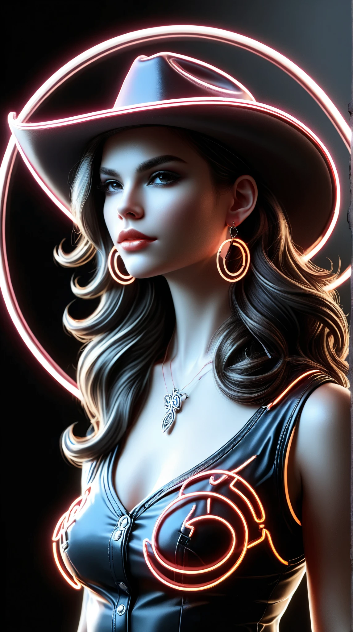 (cowgirl outline neon sign:1.1) on a pitch black background, woman silhouette with neon hoop earrings  dvr-mz