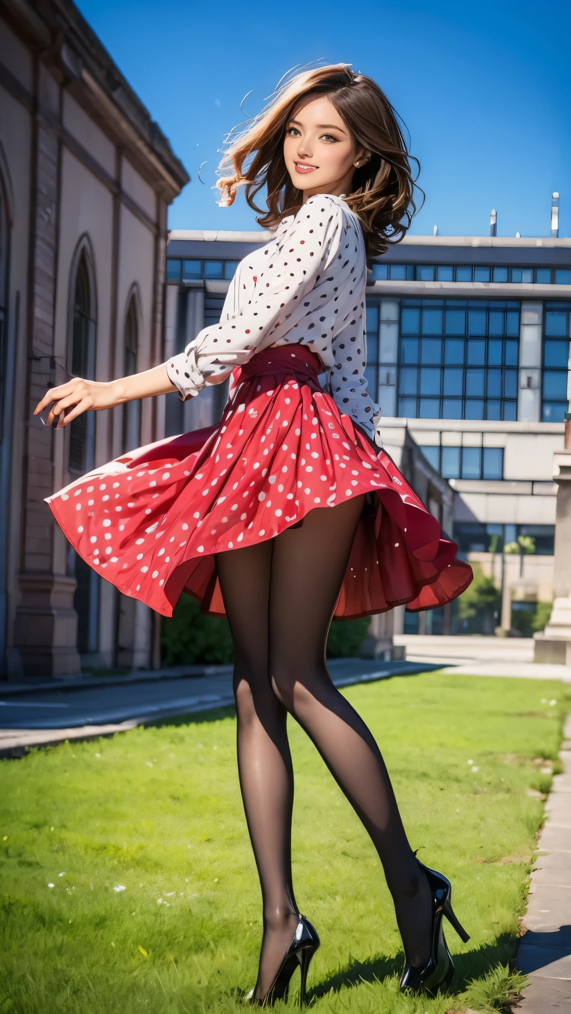 ((masterpiece)),((( top quality ))), thin thighs , long legs ,whole body:1.5,( One Girl :1.3),( wear black pantyhose and high heels:1.3),(Wear a polka dot skirt dress :1.2),Brown hair and curly hair :1.2、Beautiful smile:1.5,Dynamic pose:1.2,A skirt with its hem flipped up by a strong wind:1.5,Flashy makeup with red eyeshadow:1.5