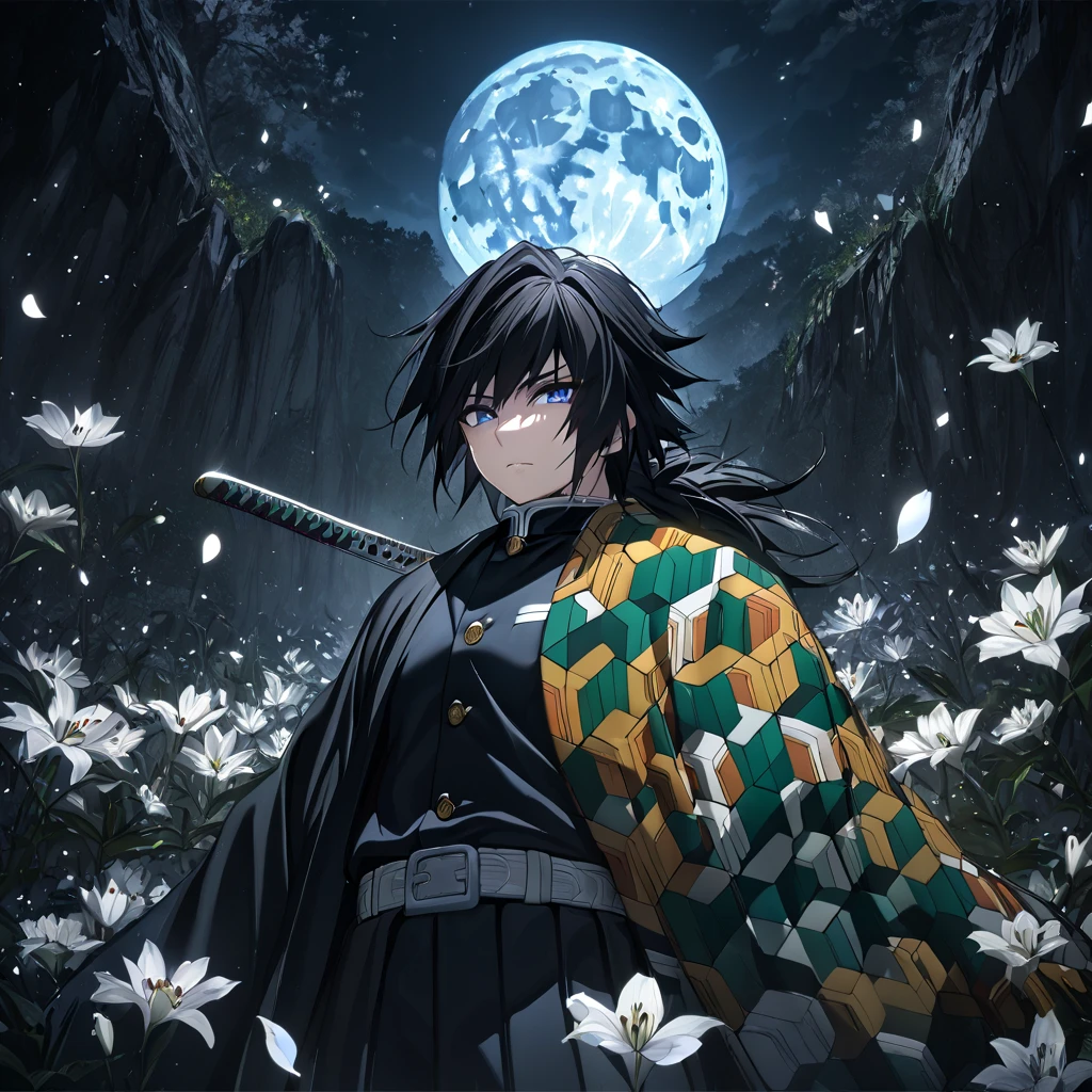 Very high resolution, high resolution, ultra-detailed, HDR, masterpiece, highest quality, Giyu Tomioka, untamed dark hair, expressive blue eyes, Demon Slayer's Blade, Demon Slayer uniform, petals, white lily, moon, fireflies