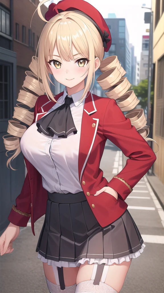 ((masterpiece)),(best quality),official art,extremely detailed CG,unity 8k wallpaper,ultra detailed,beautiful detailed eyes,extremely detailed face,street,1girl,solo,cowboy shot,looking at viewer,facing viewer,smile,reikadou ayame,red hat,mini hat,ahoge,long hair,blonde hair,twin drills,sidelocks,bangs,yellow eyes,red jacket,wing collar,ascot,white shirt,center frills,large breasts,grey skirt,pleated skirt,frilled skirt,garter straps,zettai ryouiki,white thighhighs,loafers,