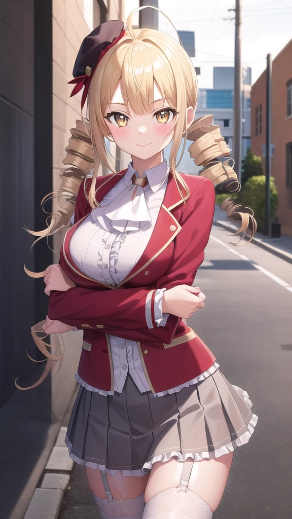 ((masterpiece)),(best quality),official art,extremely detailed CG,unity 8k wallpaper,ultra detailed,beautiful detailed eyes,extremely detailed face,street,1girl,solo,cowboy shot,looking at viewer,facing viewer,smile,reikadou ayame,red hat,mini hat,ahoge,long hair,blonde hair,twin drills,sidelocks,bangs,yellow eyes,red jacket,wing collar,ascot,white shirt,center frills,large breasts,grey skirt,pleated skirt,frilled skirt,garter straps,zettai ryouiki,white thighhighs,loafers,