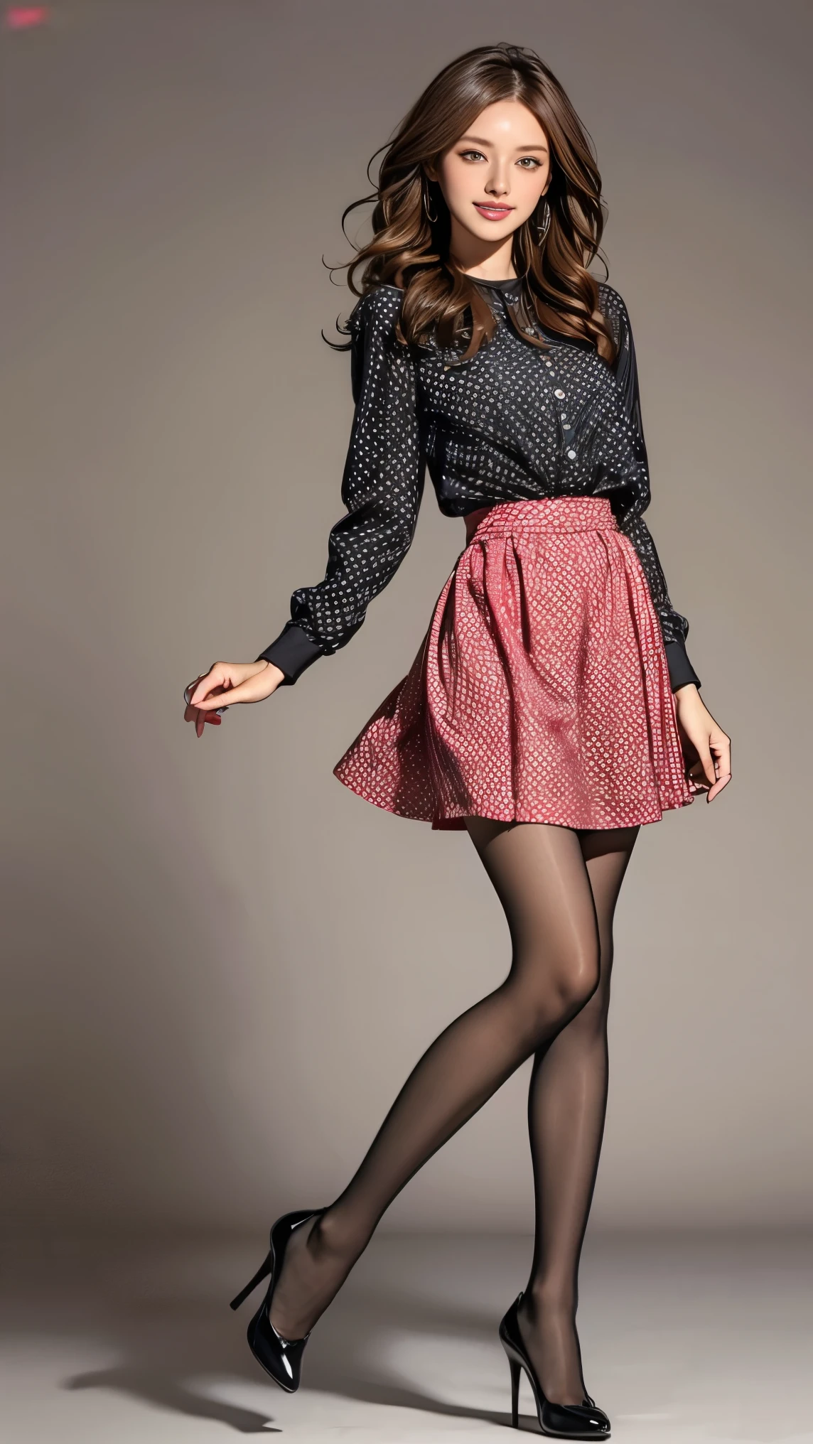 ((masterpiece)),((( top quality ))), thin thighs , long legs ,whole body:1.5,( One Girl :1.3),( wear black pantyhose and high heels:1.3),(Wear a polka dot skirt dress :1.2),Brown hair and curly hair :1.2、Beautiful smile:1.5,Dynamic pose:1.2,A skirt with its hem flipped up by a strong wind:1.5,Flashy makeup with red eyeshadow:1.5