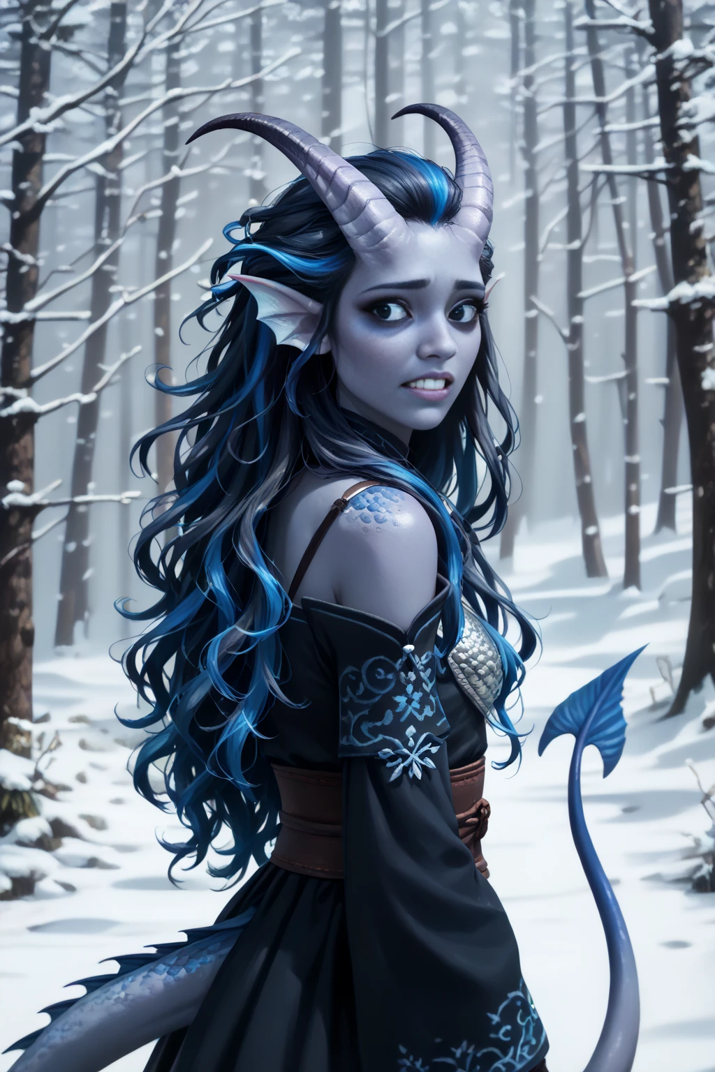 ( Snowy sprawling cedar ,  the winter cedar forest against the background of ), (1Тiefling ,  dark blue-gray skin :1.55), ( very thick long tiefling dragon tail :1.5), ( long black flowing hair with dark blue highlights:1.4), ( the bright blue-black pigmentation on the face :1.5), (blue-black freckles :1.2) , ( 2little fins on their heads :1.4), (bright blue-grey pupils,  Black eyes :1.4), ( blue-black pigmentation on the skin :1.5), (тёмные тёмно-серые прямые короткие рога покрытые  snow ом:1.2), ( blue and black pigmentation on the tail :1.5),  girl  , (kind face), (на лице эмоции от нестерпимого coldа), (slightly clenched teeth :1.1), (in pain ), (coldно:1.2), [curiosity ], (35 years old:1.5), (adult:1.2), (Deep look:1.3), (запорошена в  snow у:1.2) , (покрыта  snow ом), (ежится от coldа:1.3) , ( frost on eyelashes :1.2), (medieval fur pants ), (доспехи с меховым воротом сильно покрытые  snow ом:1.2), (белый  snow  на голове:1.2), ( snow  на рогах и на голове:1.2), (chainmail), (you can see pigmentation on his shoulder ), (tail protection), ( hands pressed to her body :1.2), (трясётся от coldа:1.1), [ snowy winter ], (visible in full), ( stands in the middle of the deep winter forest :1.3), (очень coldно), (blizzard,  snow , cold) , ( is standing with your back:1.2), (looking over shoulder:1.5), ( top quality), ( masterpiece fails), ( highest detail ),  fantasy background, blue tones, Dark tones, dark shades,  muted colors, [winter light ].