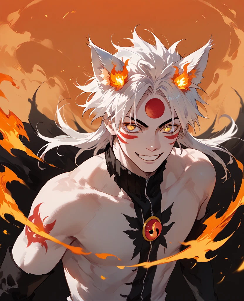 man, fiery hair, white skin, red face paint, jentry chau, anime style, fire powers, yellow cat eyes, white hair, third cat eye on forehead, voluminous hair, orange twilight sky, smile, kitsune