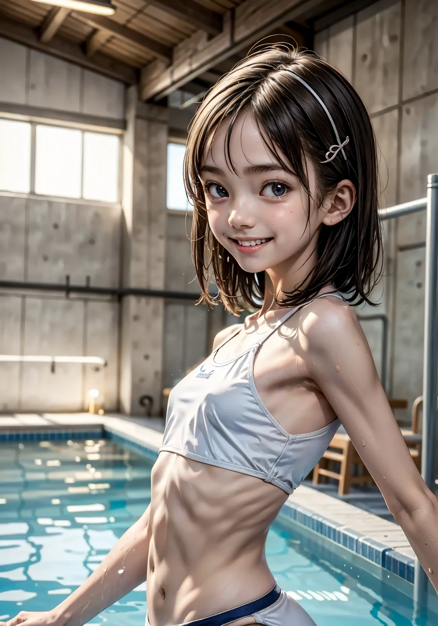 8yo, elementary school students,very small breasts that have begun to bulge,hair clip,School Swimsuit,  wet,Indoor swimming pool,Narrow shoulders,Thin arms, very thin :1.5, shot from the side,Smiling faintly,Young, short