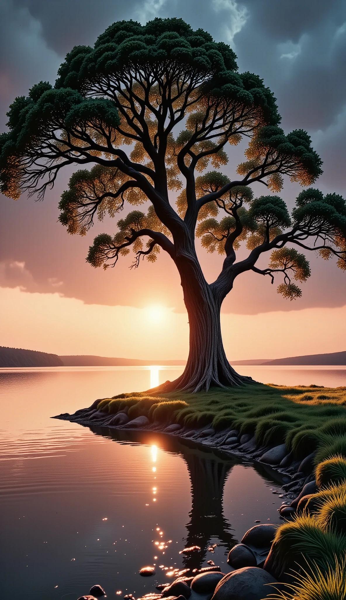 intricate detailed lush verdant tree, beautiful sunset colors, sun on the horizon, tree at the edge of a lake, (best quality,4k,8k,highres,masterpiece:1.2),ultra-detailed,(realistic,photorealistic,photo-realistic:1.37),HDR,UHD,studio lighting,ultra-fine painting,sharp focus,physically-based rendering,extreme detail description,professional,vivid colors,bokeh,landscape,cinematic,dramatic lighting,golden hour,serene,tranquil,peaceful