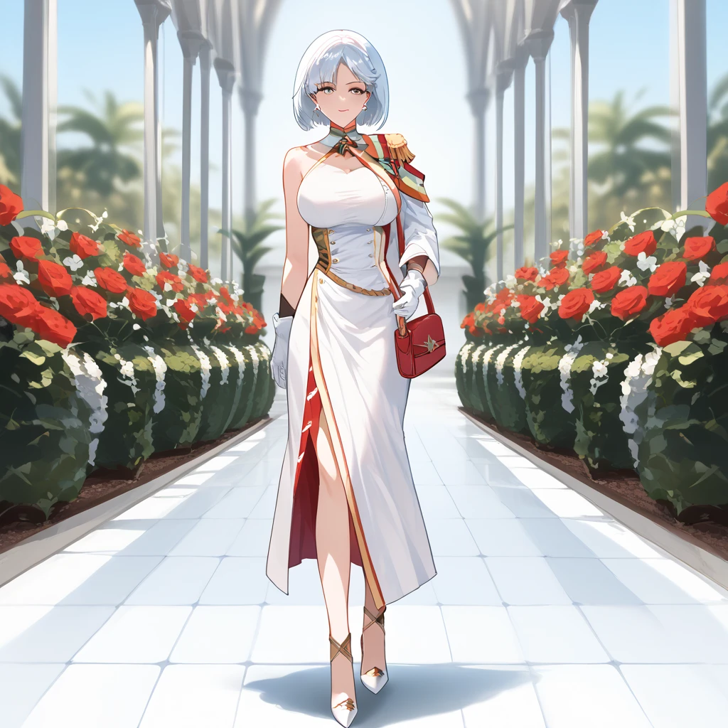 A woman wearing a light beige madame dress, big breasts, perfect lips, perfect face, vision close to the face,white hair, short hair, white heels, white gloves, holding a women's bag, standing in a garden with a variety of plants and flowers, daytime location, blurred background, (Azur_lane, KMS_Tirpitz.)Close_View. 8k, super detail, best quality, high quality, super detail, high details, highres, best quality, 8k, UHD (Solo woman)
