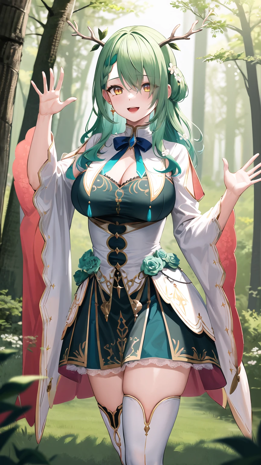 masterpiece, best quality, highres, hmcf, long hair, antlers, branch, braided bangs, hair flower, yellow eyes, large breasts, jewelry, dress, cleavage, wide sleeves, green flower, single thighhigh, white thighhighs, cowboy shot, standing, forest, smile, open mouth, waving