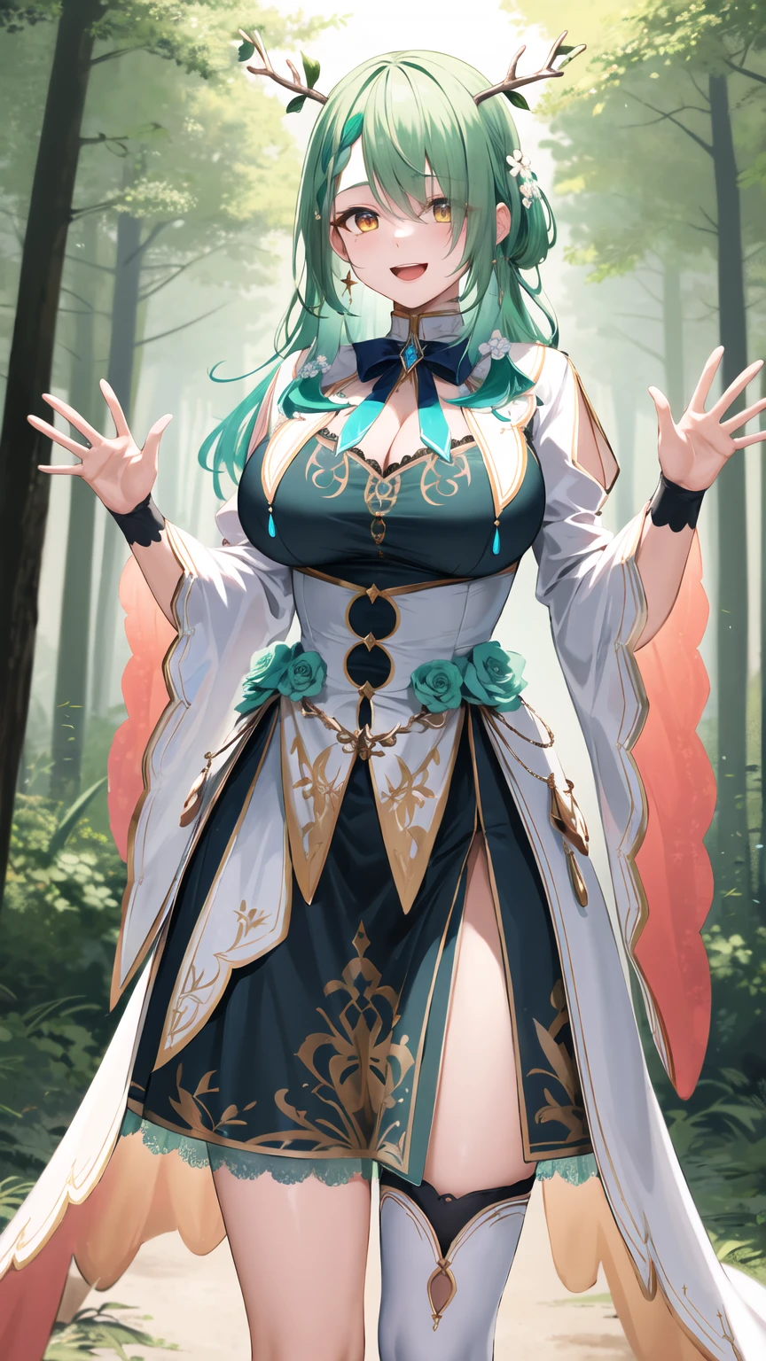 masterpiece, best quality, highres, hmcf, long hair, antlers, branch, braided bangs, hair flower, yellow eyes, large breasts, jewelry, dress, cleavage, wide sleeves, green flower, single thighhigh, white thighhighs, cowboy shot, standing, forest, smile, open mouth, waving