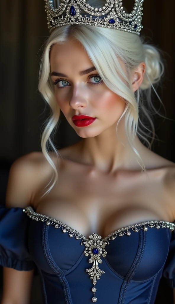 hyperrealistic beautiful busty 18-year-old teen girl with long legs wearing shiny red-black satin corset and lingerie, model shooting full body photography, dyed white hair with curly bob, dark eye makeup with eyeliner, seductive smile, small necklace, 8K, Best quality, Meisterwerk, ultra high resolution, (Realismus: 1.4), Originalfoto, (realistische Hautstruktur: 1.3), (Filmkorn: 1.3), (Selfie-Winkel), 1 girl, Beautiful round hazel eyes and facial details, Meisterwerk, Best quality, indoor in the living room
