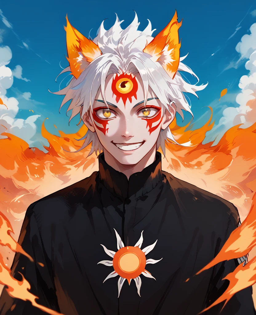 man, fiery hair, white skin, red face paint, jentry chau, anime style, fire powers, yellow cat eyes, white hair, third cat eye on forehead, voluminous hair, orange twilight sky, smile, kitsune