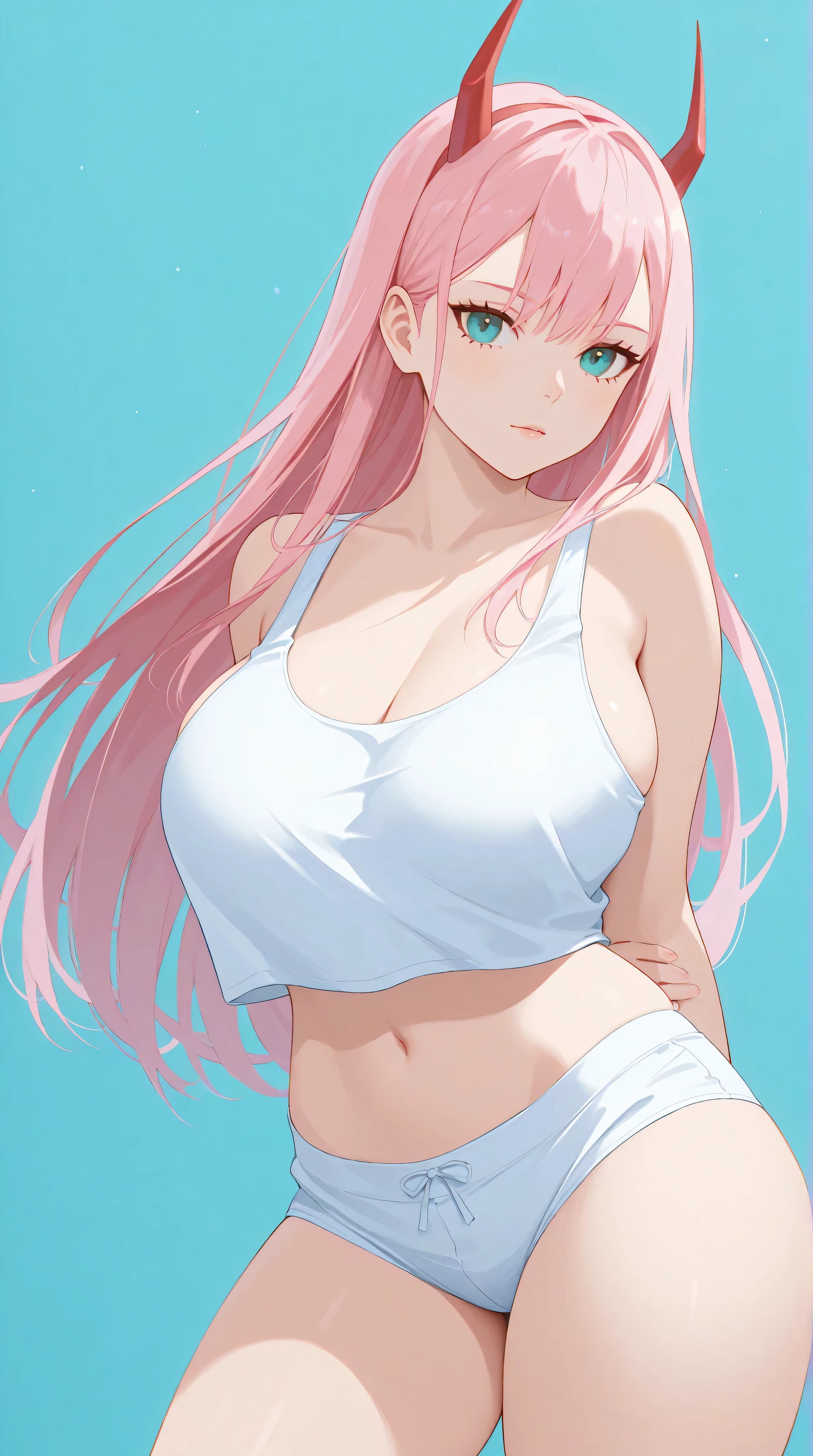 Zero Two from Darling in the Franxx, horns, pink hair, teal eyes, huge breasts, and thick thighs, lingerie, standing in a relaxed contrapposto pose with her hands behind her back, she’s facing viewer straight, having a dramatic, neutral expression on her young face, her tank top revealing pronounced cleavage and sideboob, her long hair fluttering in the wind, with a pale color gradation, blending retro elements, contemporary digital art, and surrealism, with intricate details, 