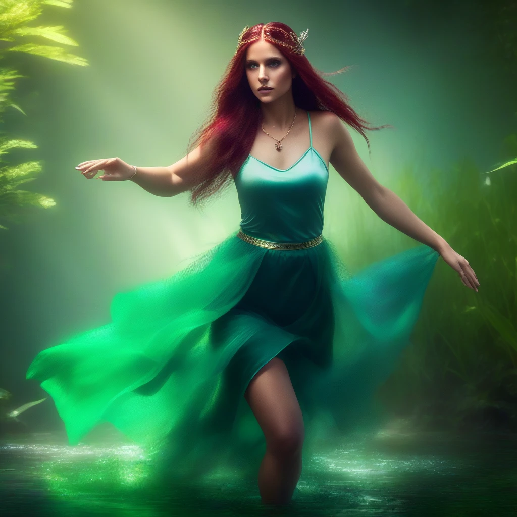 a woman, dark red long hairs, green top, green skirt, light blue fairy wings, realistic, realistic body, fairy, using water magic