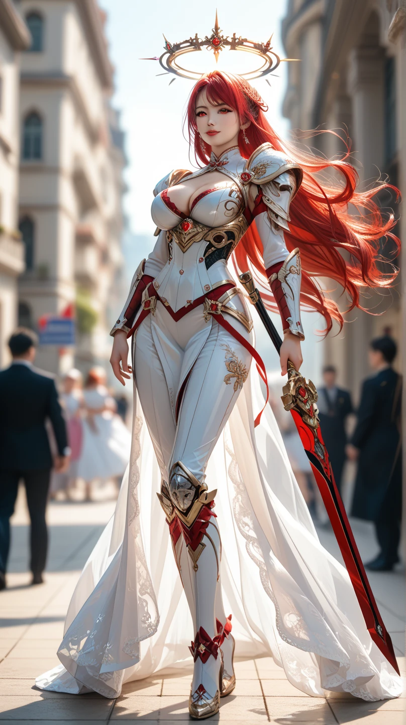  Portrait of a Female Warrior Wearing Full Body Armour and Red Eyes， Intricate Waist Detail ， Long and Flowing Black and Red Hair ，sharp features， Flowing Halo ，Mysterious Charming ，  handheld blade  ， Ready for Battle 。 Super high detail , ultra high resolution ,32k ultra high definition,   Sharp focus   ,  top quality ,masterpiece,非常规的最高masterpiece, Exquisite detail  ,Depth of Field,  blurry background , Blurred foreground ,  Motion Blur  ,去真正快速的masterpiece, deep focus ,
  color-graded film  , Ambient Lighting ,  Extra cinematic texture  , Tension lens  ,( Visual impact,赋予海报动态和 Visual impact力， Exquisite details ， Exquisite and beautiful ， Big Breasts，cleavage