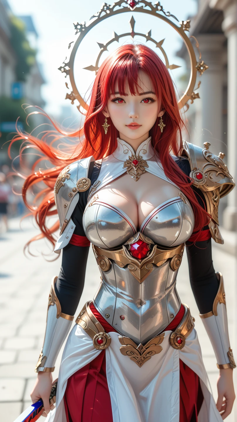  Portrait of a Female Warrior Wearing Full Body Armour and Red Eyes， Intricate Waist Detail ， Long and Flowing Black and Red Hair ，sharp features， Flowing Halo ，Mysterious Charming ，  handheld blade  ， Ready for Battle 。 Super high detail , ultra high resolution ,32k ultra high definition,   Sharp focus   ,  top quality ,masterpiece,非常规的最高masterpiece, Exquisite detail  ,Depth of Field,  blurry background , Blurred foreground ,  Motion Blur  ,去真正快速的masterpiece, deep focus ,
  color-graded film  , Ambient Lighting ,  Extra cinematic texture  , Tension lens  ,( Visual impact,赋予海报动态和 Visual impact力， Exquisite details ， Exquisite and beautiful ， Big Breasts，cleavage