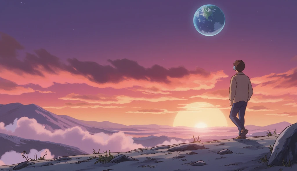  top quality , LOFI風、 boy walking with headphones on the surface of the moon、 anime style、A beautiful sunset in the background、Overall fashionable 、Ghibli style、The background is purplish、 walking I can see the Earth in the back、 Fantastic