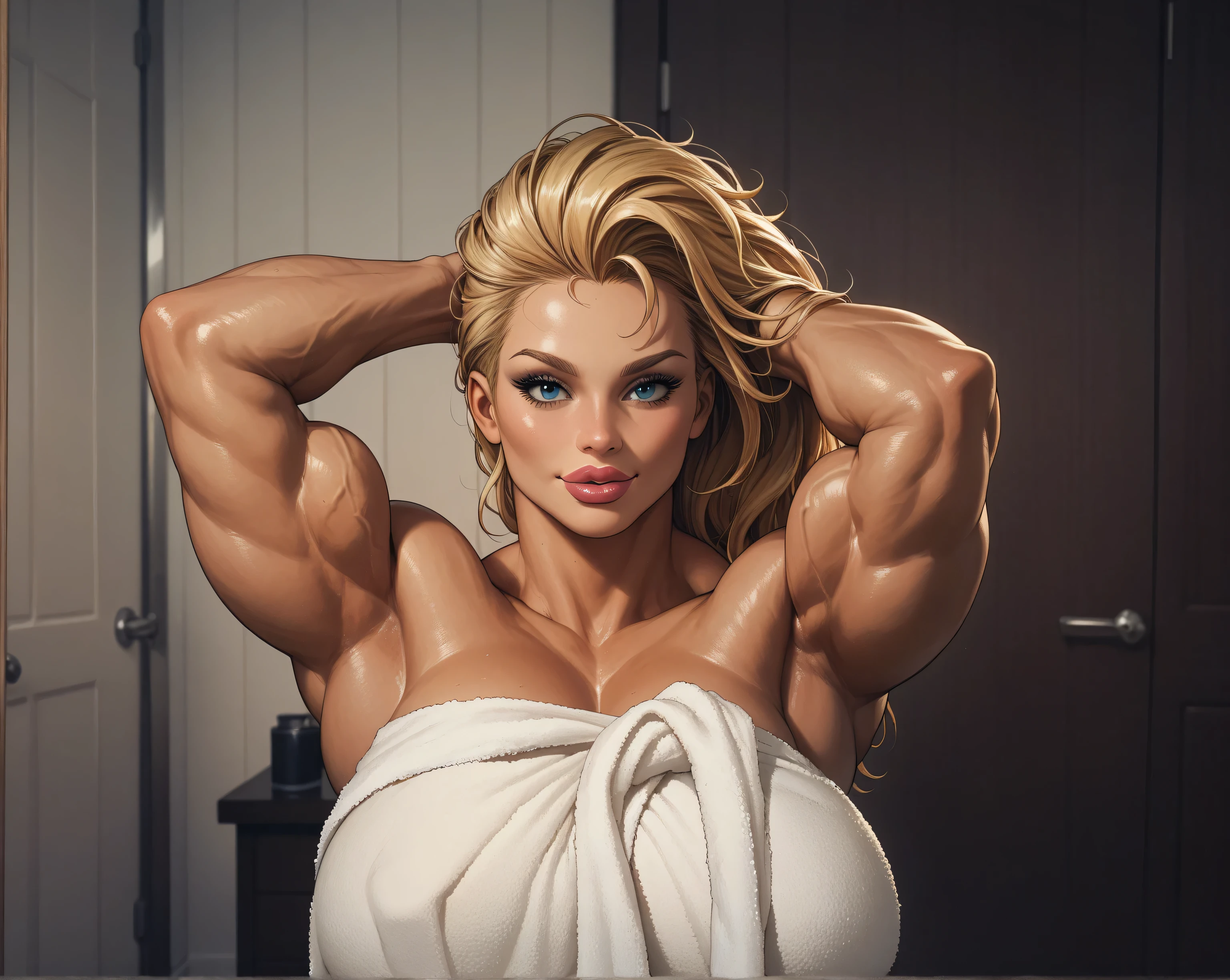 score_9, score_8_up, score_7_up,, close up (muscular_biceps_legs), blonde woman selfie, big biceps, condescending smile, big lips, large breasts, tussling hair, towel around breasts