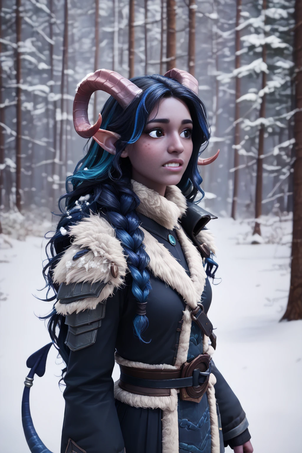 ( Snowy sprawling cedar ,  the winter cedar forest against the background of ), (1Тiefling ,  dark blue-gray skin :1.55), ( very thick long tiefling dragon tail :1.5), ( long black flowing hair with dark blue highlights:1.4), ( the bright blue-black pigmentation on the face :1.5), (blue-black freckles :1.2) , ( 2little fins on their heads :1.4), (bright blue-grey pupils,  Black eyes :1.4), ( blue-black pigmentation on the skin :1.5), (тёмные тёмно-серые прямые короткие рога покрытые  snow ом:1.2), ( blue and black pigmentation on the tail :1.5),  girl  , (kind face), ( snow  на теле), ( snow  на голове), (на лице эмоции от нестерпимого coldа), (slightly clenched teeth :1.1), (in pain ), (coldно:1.2), [curiosity ], (35 years old:1.5), (adult:1.2), (Deep look:1.3), (запорошена в  snow у:1.2) , (одежда покрыта  snow ом), (тело покрыто  snow ом), (ежится от coldа:1.3) , ( frost on eyelashes :1.2), (medieval fur pants ), (доспехи с меховым воротом сильно покрытые  snow ом:1.2), ( fur clothing :1.2), (белый  snow  на голове:1.2), ( snow  на рогах и на голове:1.2), (chainmail), (you can see pigmentation on his shoulder ), (tail protection), (hands pressed to chest:1.2), (трясётся от coldа:1.1), [ snowy winter ], (visible in full), ( stands in the middle of the deep winter forest :1.3), (очень coldно), (blizzard,  snow , cold) , ( is standing with your back:1.2), (looking over shoulder:1.5), ( top quality), ( masterpiece fails), ( highest detail ),  fantasy background, blue tones, Dark tones, dark shades,  muted colors, [winter light ].