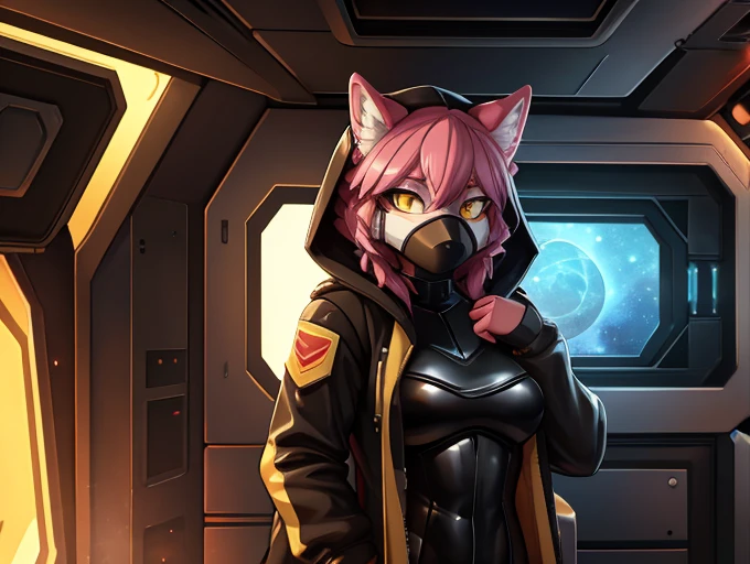 женщина anthro furry tiger wolf ,absurdity,  High definition,  ultra-detailed , 1 girl, oversized jacket with hood,(whole body,  in a latex suit ).  original character,girl, pink hair , yellow eyes ,shoulder length hair, complex mask that covers the entire face, military general, { better quality }}, {{ masterpiece fails}}, {{ ultra-detailed }}, {illustration}, {Detailed light}, Nuclear fusion.in the space station 