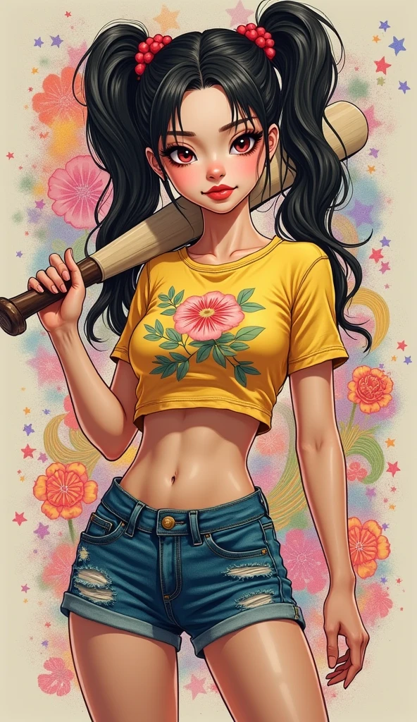 the proportions and detailed textures  multicolored brushwork and softened with airbrush, semi-realism ink china illustration featuring young girl (in high quality of full body) character with a striking appearance, with an innocent looking, perfect face, thick thighs, wide hips, slim waist and flat stomach she has a fair complexion and Her hair is tied in two high ponytails, with two colors, pink on one side and yellow on the other. Her facial features are sharp and expressive, with bold makeup accentuating her eyes and lips. She is dressed in a tight cotton shirt (top-like), short with a closed collar and tight denim shorts, Her clothes with smoothing and folds give volume and depth to the character.. The background is an explosion of colorful, abstract elements, including swirling patterns, stars, and various shapes, creating a dynamic and energetic atmosphere. The character holds a bat in one hand, adding to her fierce and confident demeanor. The overall composition is rich in detail and color, showcasing a blend of fantasy and modern aesthetics. the draws attention to the subject and gives depth to the illustration.  very balanced saturation in the color palettes very defined (Color with monochorome intense shaded tones and shine. tone red 25% + yellow 25% + blue 25% + biofluorescent 12.5% transparencias 12.5%. aesthetic fusion by (Fibonacci ratio. female young hailey quinn character type. texture silk and plant leaves (with top and short) style. a poupée réaliste of a young hailey quinn. Haute couture photoshoot (full body hailey quinn pin-up pose). Sharp Highly Detailed Soft Focus, Approaching Perfection, Full HD 8K. High and Low Angles. of Milo Manara, studio ghibli, Coco Chanel, Gianni Versace, H. R. Giger, Greg Rutkowsk art style fusion.


