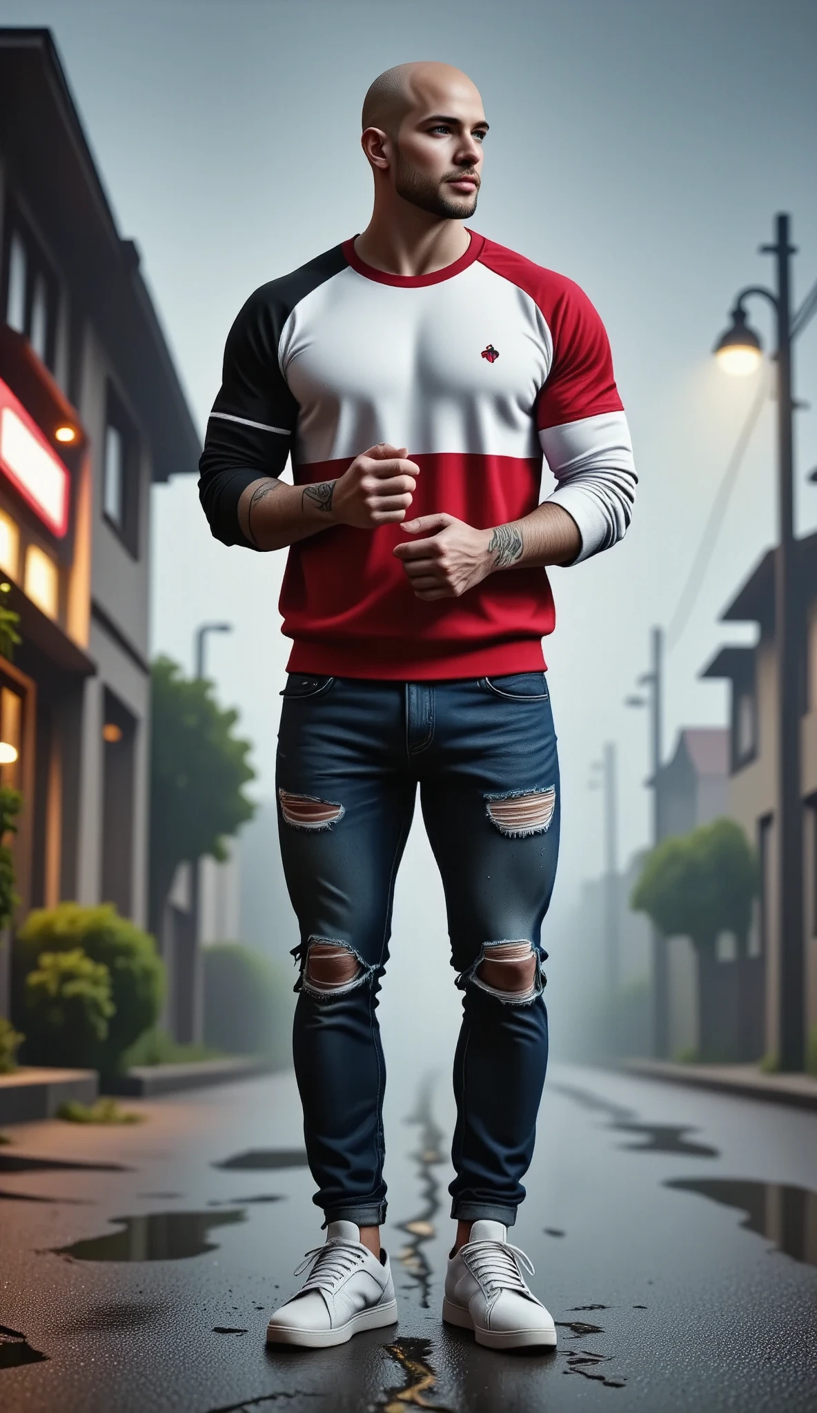   Anatomically correct,  Plan General ,   Arafat's man leaning on a pole with a tattoo on his arm ,  ripped jeans ,   white sneakers ,   a long sleeve sweatshirt in white , black and red ,  behind a street with houses  ,   and at dusk looks to the side rolling up his sleeves ,   A portrait inspired by Tommaso Redi  ,  In Trend In Pexels  , realism, urban fashion, street clothes, street clothes informal,  torn clothes, street clothes,   that wears jeans and a black sweatshirt  , Very cool pose, cool style  ,   style by Jordan Grimmer  , Street fashion clothing,  pose casually 