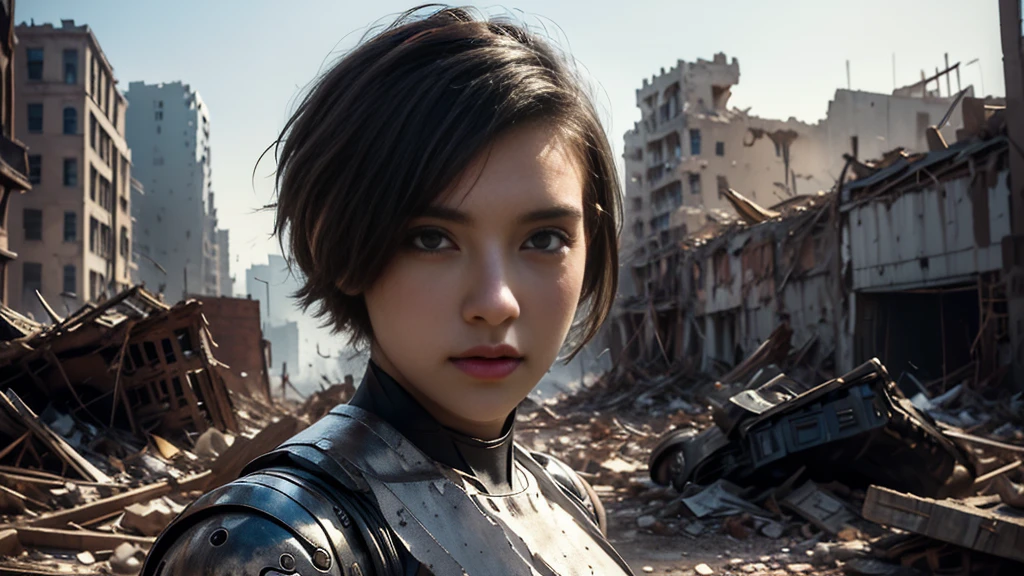 masterpiece,  high resolution ,8K,( Portrait Photos:1.5),(R Original Photo),Reality,Digital Photography,(Ruins of the Apocalypse  ),City ruins，20 year old pretty female ，Short hair，Shut up，  post-apocalyptic scene ， Upper body photography ，Damaged Armor，Full figure