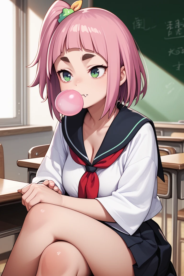 source_anime,
kiuiwatase, kiui watase, short hair, bangs, hair ornament, green eyes, pink hair, thick eyebrows,blunt bangs,
skin fang, large breasts, cleavage,                        school uniform, serafuku, neckerchief,  chewing gum, classroom, sitting, crossed legs, on desk,