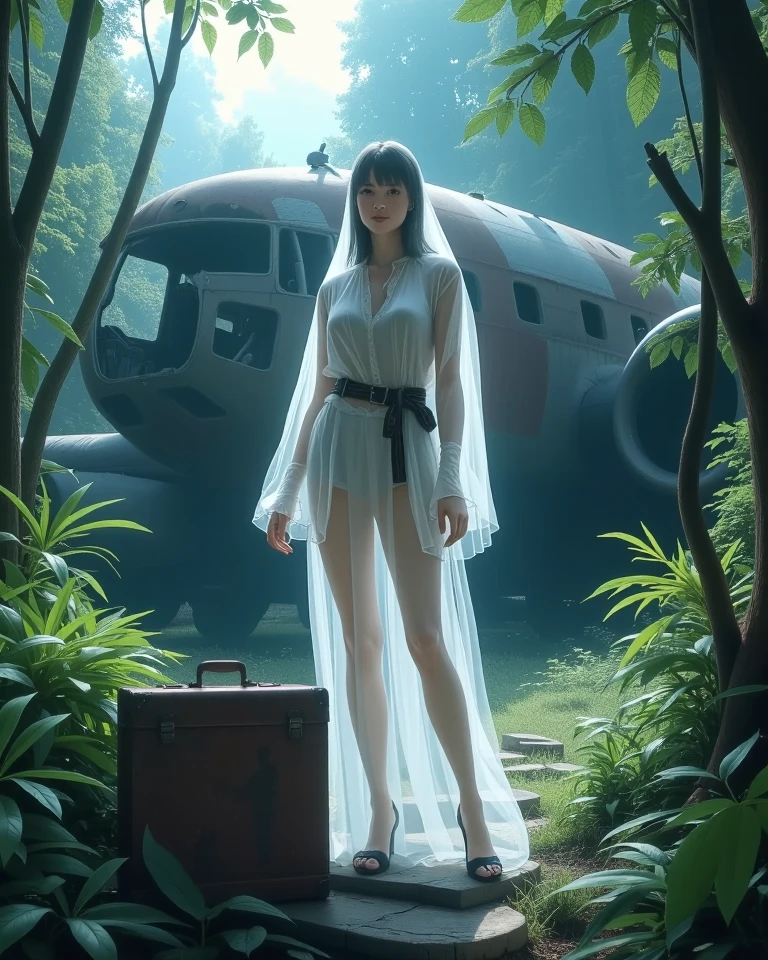 a surreal picture of a transparent beautiful female ghost, detailed face, donning a worn and tattered 1970s outfit sitting on a rusty metal suitcase beside an aviation airplane ruin un a jungle, masterpiece hyper realistic illustration, Don Lawrence style