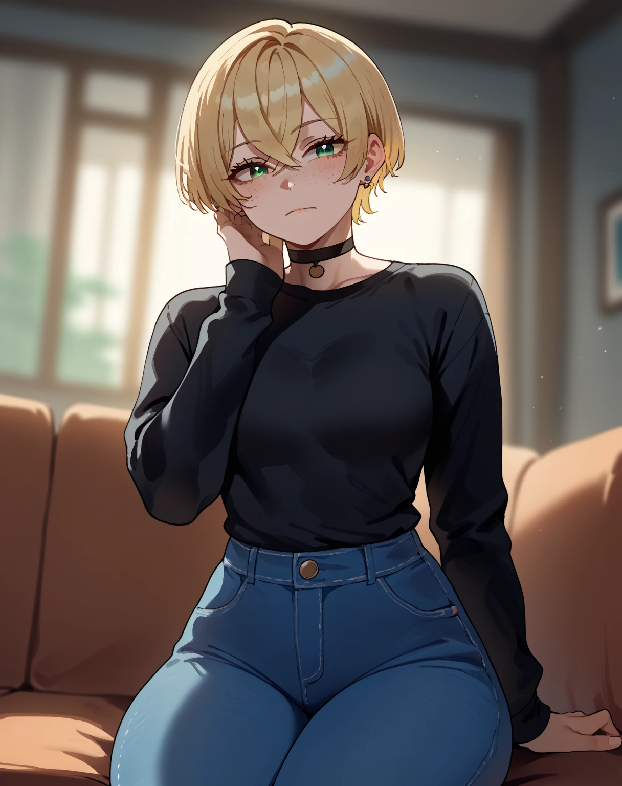 score_9, score_8_up, score_7_up, score_6_up, score_5_up, score_4_up, source_anime, rating_safe, nyantcha style, three quarter view, 1girl, teenager, green eyes, blonde hair, crossed bangs, short hair, pixie cut, freckles, big breasts, thick thighs, eyelashes, aegyo sal, hand on neck, stud earrings, black shirt, long sleeves, choker, denim pants, looking at viewer, stoic, indoors, blurry background, warm lighting, sitting, upper body, dutch angle
