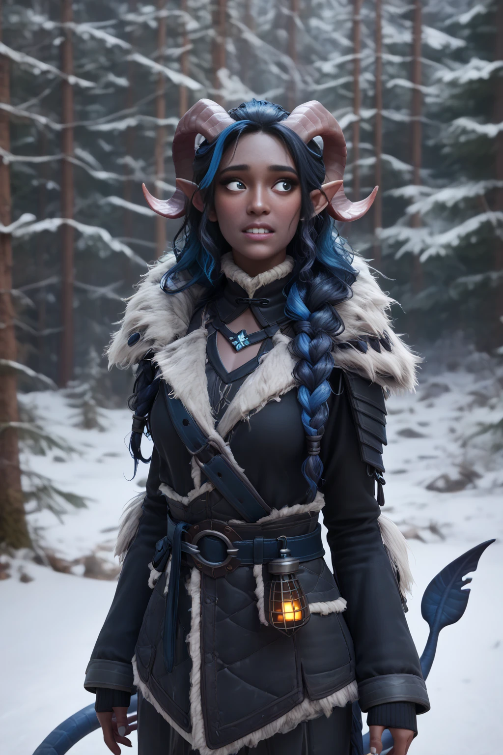 ( Snowy sprawling cedar ,  the winter cedar forest against the background of ), (1Тiefling ,  dark blue-gray skin :1.75), ( dark blue-gray skin :1.55), ( very thick long tiefling dragon tail :1.5), ( long black flowing hair with dark blue highlights:1.4), ( the bright blue-black pigmentation on the face :1.5), (blue-black freckles :1.2) , ( 2little fins on their heads :1.4), (bright blue-grey pupils,  Black eyes :1.4), ( blue-black pigmentation on the skin :1.5), (тёмные тёмно-серые прямые короткие рога покрытые  snow ом:1.2), ( blue and black pigmentation on the tail :1.5),  girl  , (kind face), ( snow  на теле), ( snow  на голове), (на лице эмоции от нестерпимого coldа), (slightly clenched teeth :1.1), (in pain ), (coldно:1.2), [curiosity ], (35 years old:1.5), (adult:1.2), (Deep look:1.1), (запорошена в  snow у:1.1) , (одежда покрыта  snow ом), (тело покрыто  snow ом), (ежится от coldа:1.3) , ( frost on eyelashes :1.2), ( medieval fur pants), (доспехи с меховым воротом сильно покрытые  snow ом:1.1), ( fur clothing :1.2), (белый  snow  на голове:1.2), ( snow  на рогах и на голове:1.2), (chainmail), (you can see pigmentation on his shoulder ), (tail protection), (hands pressed to chest:1.4), (трясётся от coldа:1.1), [ snowy winter ], (visible in full), ( stands in the middle of the deep winter forest :1.3), (очень coldно), (blizzard,  snow , cold) , ( is standing with your back:1.2), (looking over shoulder:1.5), ( top quality), ( masterpiece fails), ( highest detail ),  fantasy background, blue tones, Dark tones, dark shades,  muted colors, [winter light ].